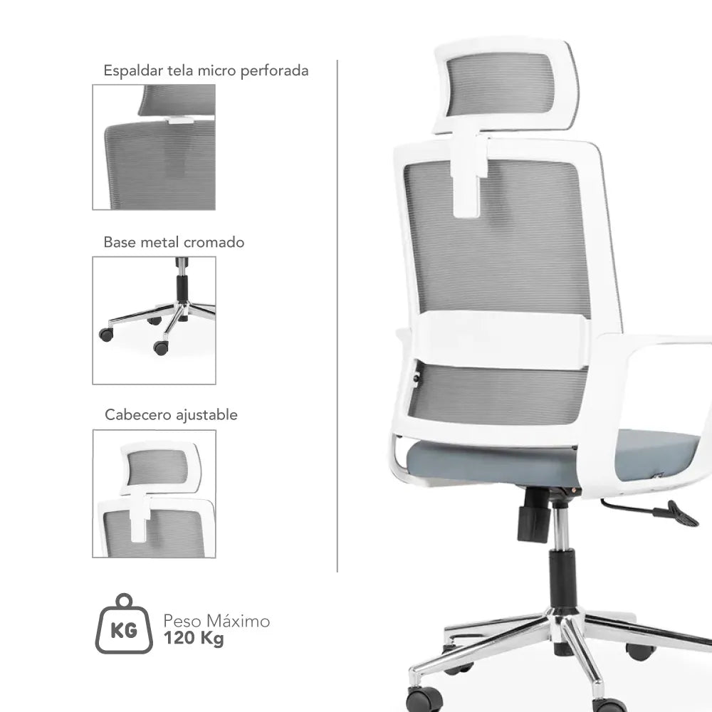 Silla Giratoria Milan Gris Blanco/Cromo